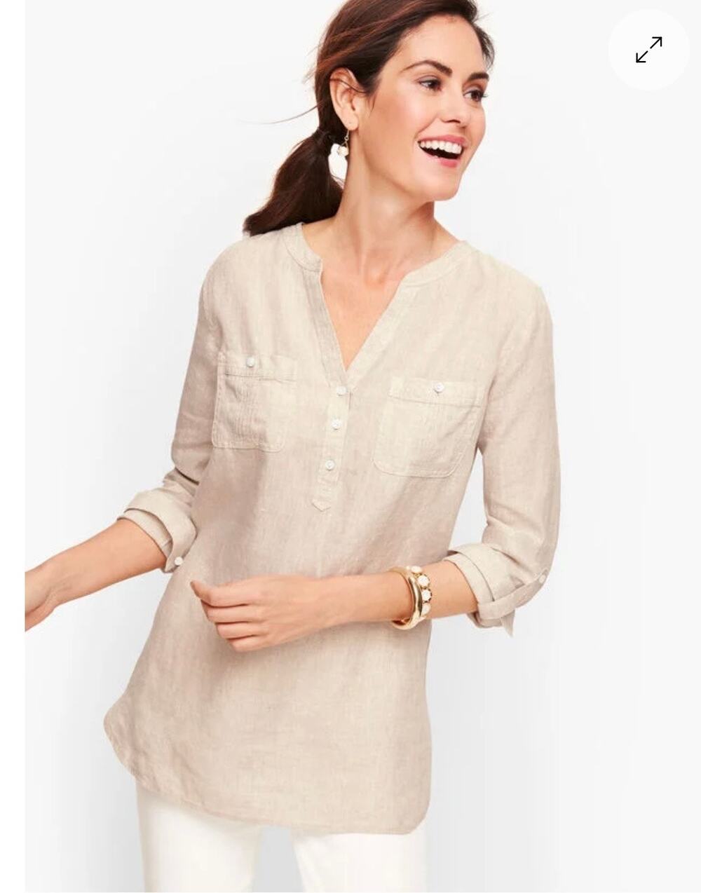 Talbots Linen Popover Tunic Top Size S Beige Oatmeal Roll Tab Sleeves Pockets